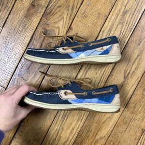 Sperry Top Sider‎ Boat Shoes Blue Plaid Tan Leather Lace Up Women 6M